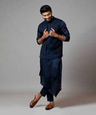 Navy blue Nehru jacket with Honeycomb pattern embroidery highlighted with panel detailing. 1
