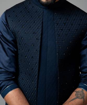 Navy blue Nehru jacket with Honeycomb pattern embroidery highlighted with panel detailing. 2