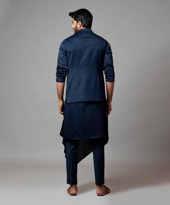 Navy blue Nehru jacket with Honeycomb pattern embroidery highlighted with panel detailing. 3