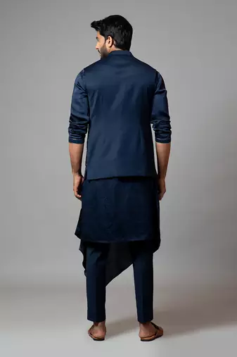 Navy blue Nehru jacket with Honeycomb pattern embroidery highlighted with panel detailing.