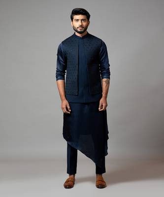 Navy blue Nehru jacket with Honeycomb pattern embroidery highlighted with panel detailing. 4