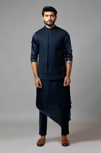 Navy blue Nehru jacket with Honeycomb pattern embroidery highlighted with panel detailing.