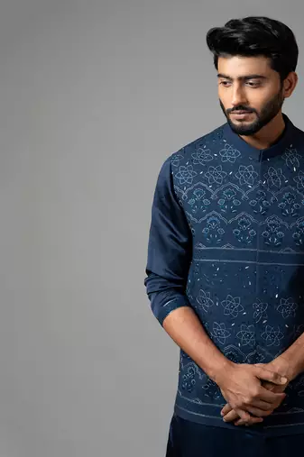 Navy Blue Kora Nehru  jacket with Mughal inspired embroidery.