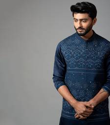 Navy Blue Kora Nehru  jacket with Mughal inspired embroidery.