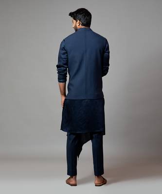 Navy Blue Kora Nehru  jacket with Mughal inspired embroidery. 3