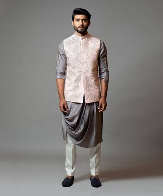 Powder Pink Nehru Jacket with Geometric Mirrorwork Embroidery. 1