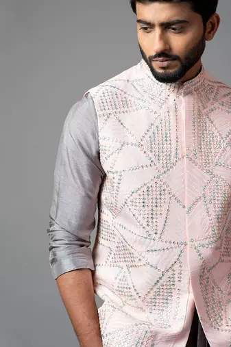 Powder Pink Nehru Jacket with Geometric Mirrorwork Embroidery.