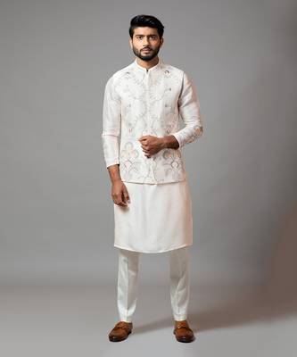 Baby pink Nehru jacket with Multi colour garden themed embroidery. 1