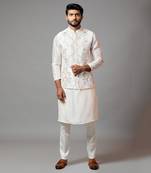 Baby pink Nehru jacket with Multi colour garden themed embroidery.