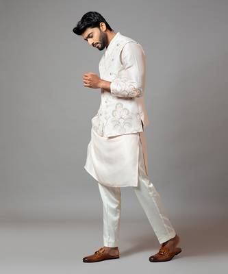 Baby pink Nehru jacket with Multi colour garden themed embroidery. 3