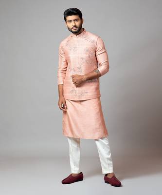 Onion pink Nehru jacket with jaal embroidery. 1