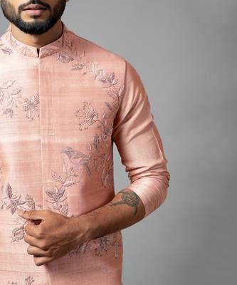 Onion pink Nehru jacket with jaal embroidery. 3