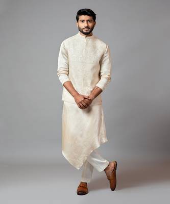 Cream Kora fully embroidered nehru. 1