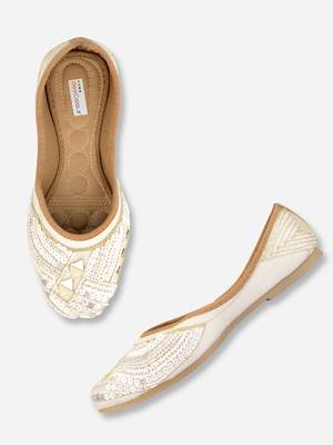 Desi Colour Hand embroidered Ethnic Party Wear Footwear-White Mirror Emb 1