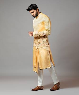 Mustard Nehru jacket highlighted with placement floral embroidery. 2