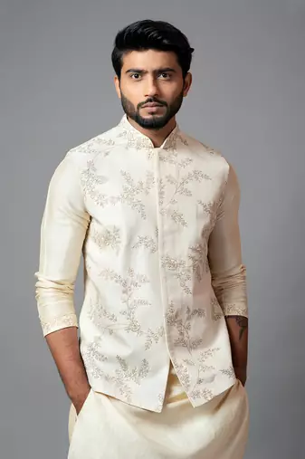 Off white Nehru jacket with delicate jaal embroidery