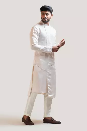 Cream A-Symmetric Mirrorwork Kurta Set