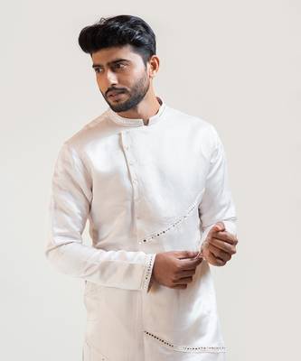 Cream A-Symmetric Mirrorwork Kurta Set 3