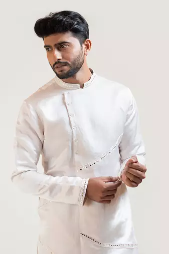 Cream A-Symmetric Mirrorwork Kurta Set