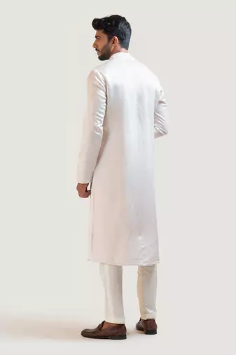 Cream A-Symmetric Mirrorwork Kurta Set
