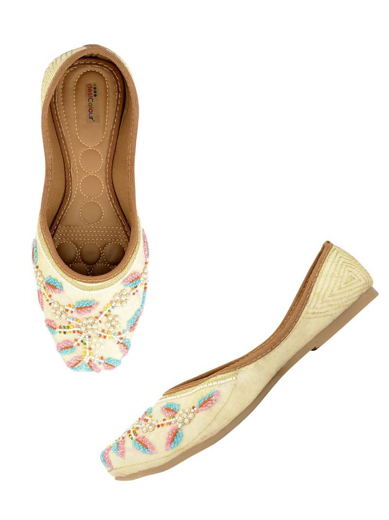 Desi Colour Hand embroidered Ethnic Party Wear Footwear-White Multicolour Emb