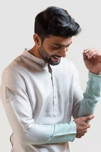 Grey To Green Ombre Shaded Embroidered Kurta Set