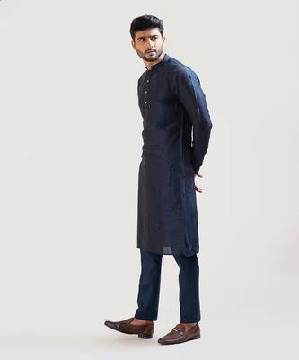 Navy Blue Bullion Leaf Embroidered Kurta Set 2