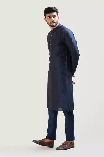 Navy Blue Bullion Leaf Embroidered Kurta Set