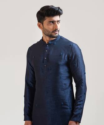 Navy Blue Bullion Leaf Embroidered Kurta Set 4