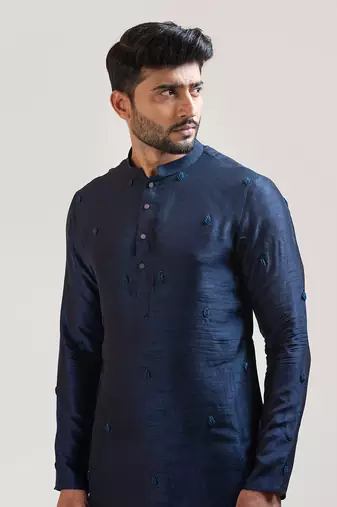 Navy Blue Bullion Leaf Embroidered Kurta Set