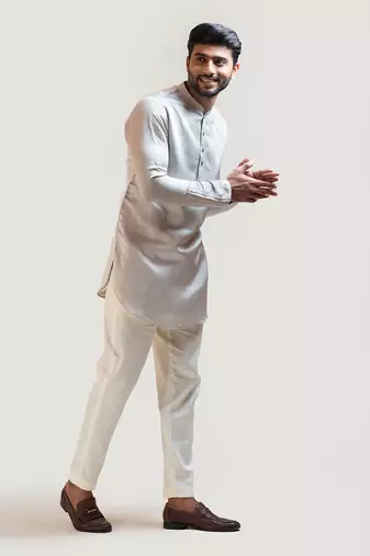Grey Short Kurta with Pintucks Detailing Set