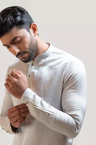 Grey Short Kurta with Pintucks Detailing Set