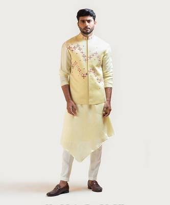Yellow Gujrati work Nehru with Yellow Overlapping Drape Kurta Set 1
