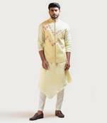 Yellow Gujrati work Nehru with Yellow Overlapping Drape Kurta Set