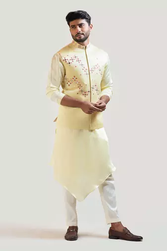 Yellow Gujrati work Nehru with Yellow Overlapping Drape Kurta Set