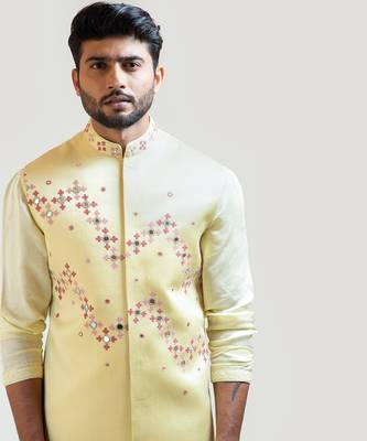 Yellow Gujrati work Nehru with Yellow Overlapping Drape Kurta Set 4