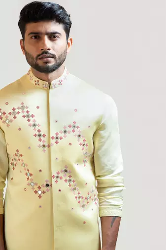 Yellow Gujrati work Nehru with Yellow Overlapping Drape Kurta Set