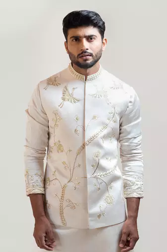 Cream Chintz Embroidered Nehru with Cream Embroidered kurta Set