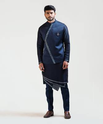 Blue Overlapping embroidered Nehru with Ink blue geometric panelled Kurta Set 1
