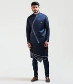 Blue Overlapping embroidered Nehru with Ink blue geometric panelled Kurta Set
