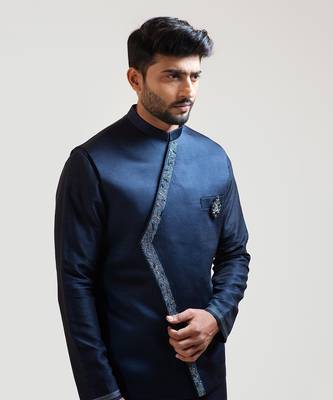 Blue Overlapping embroidered Nehru with Ink blue geometric panelled Kurta Set 4