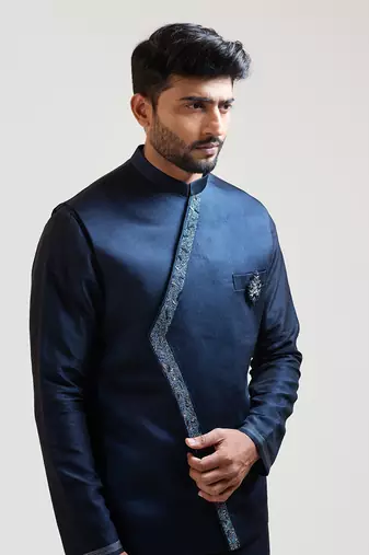 Blue Overlapping embroidered Nehru with Ink blue geometric panelled Kurta Set