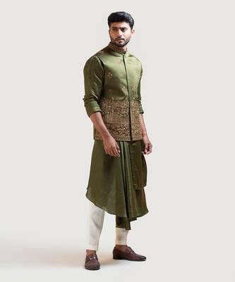 Mehendi Green Palki Nehru with Mehendi Green Drape Kurta Set 2