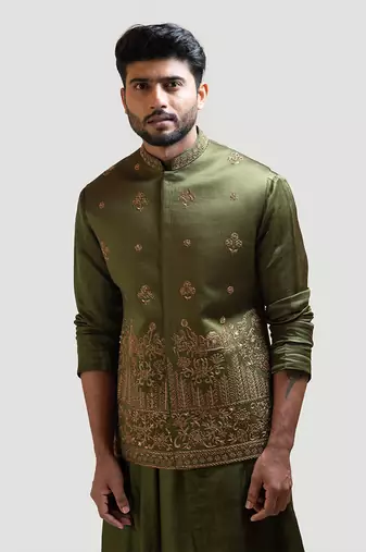 Mehendi Green Palki Nehru with Mehendi Green Drape Kurta Set