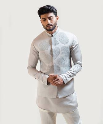Grey Maple Leaf Nehru with Grey Short Kurta Set with Pintucks Detailing 2