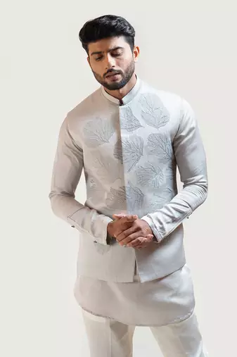 Grey Maple Leaf Nehru with Grey Short Kurta Set with Pintucks Detailing