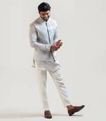 Grey Maple Leaf Nehru with Grey Short Kurta Set with Pintucks Detailing