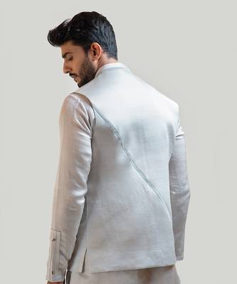 Grey Maple Leaf Nehru with Grey Short Kurta Set with Pintucks Detailing 4