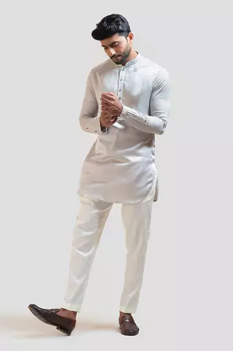 Grey Maple Leaf Nehru with Grey Short Kurta Set with Pintucks Detailing