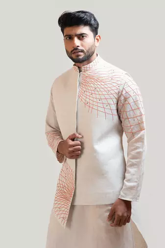 Grey A-Symmetric Nehru with Grey Circular embroidery kurta Set